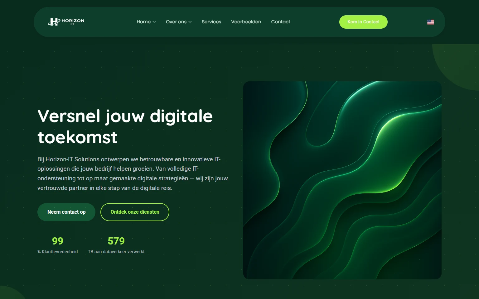 Actuele screenshot van Horizon-IT Solutions met een groene hero en de tekst Versnel jouw digitale toekomst.
