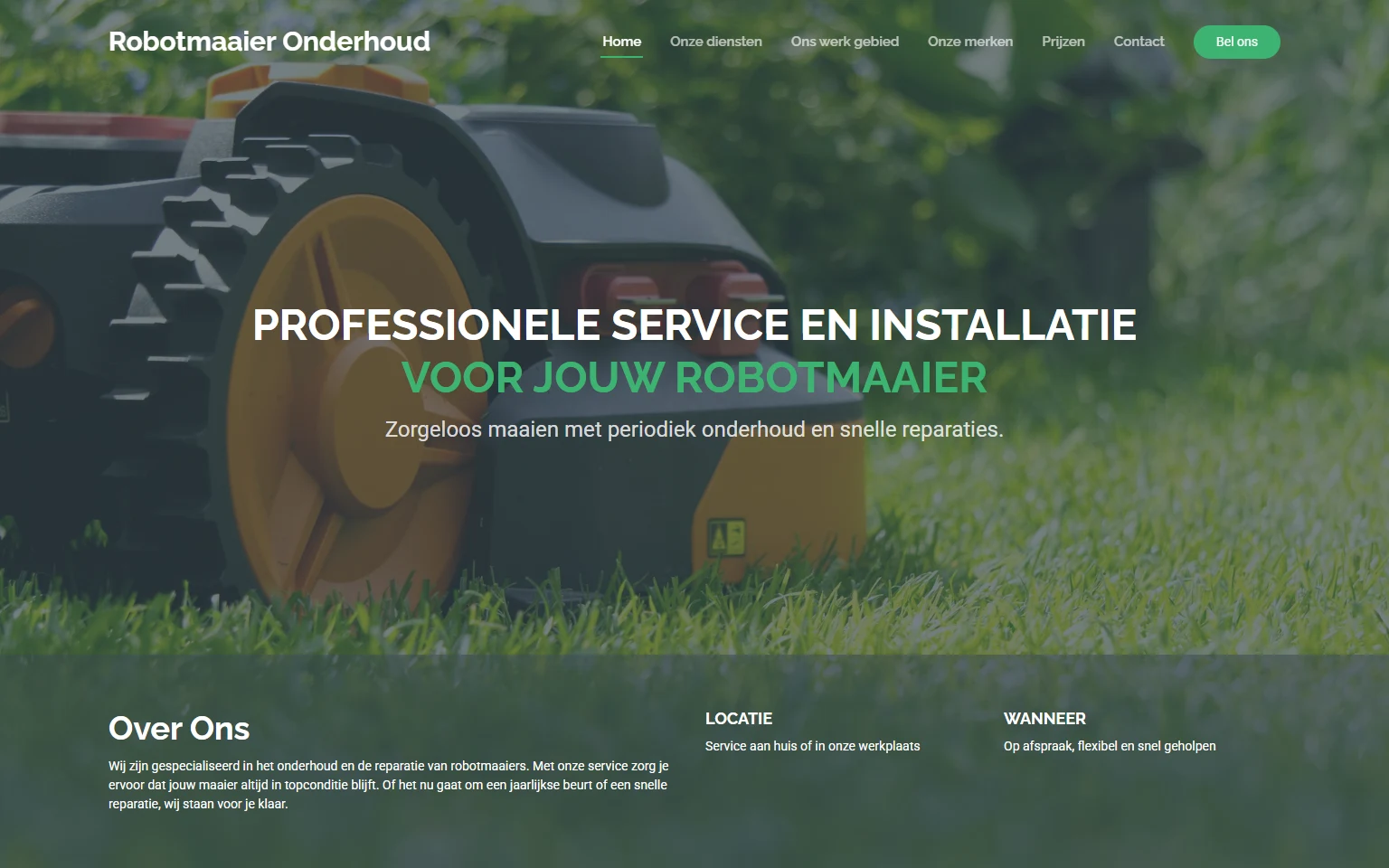Actuele screenshot van Robotmaaier Onderhoud met een robotmaaier op een gazon en de presentatie van service en installatie.