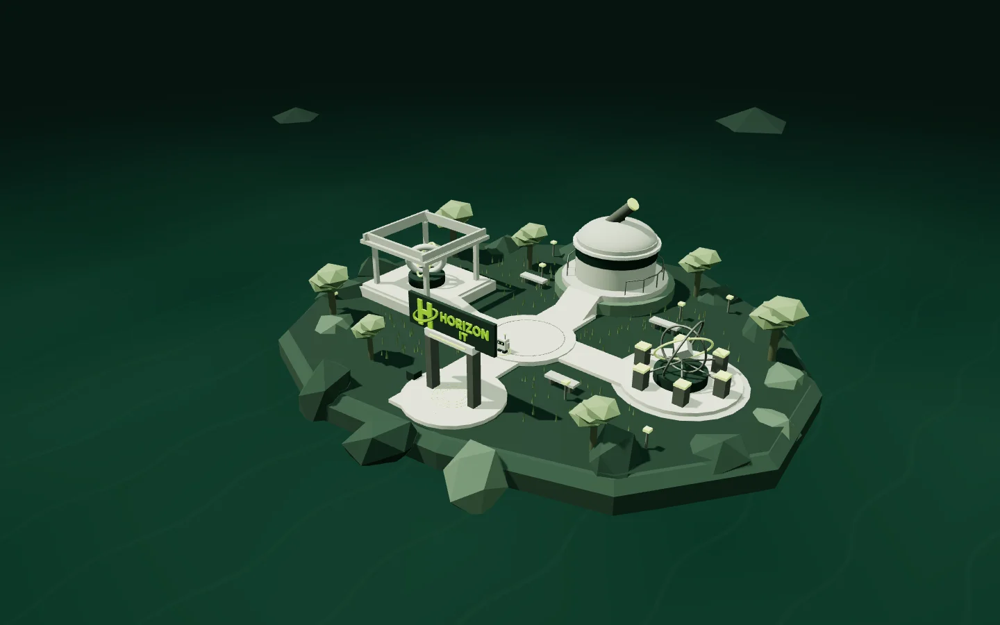De eigen verkenbare 3D-eilandwereld van Horizon-DEV, met galerij, atelier en observatorium.